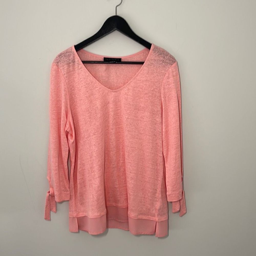 Sanctuary Womens Sylvie Tie Sleeve Tee Blouse Linen Top Pink V Neck Size Large